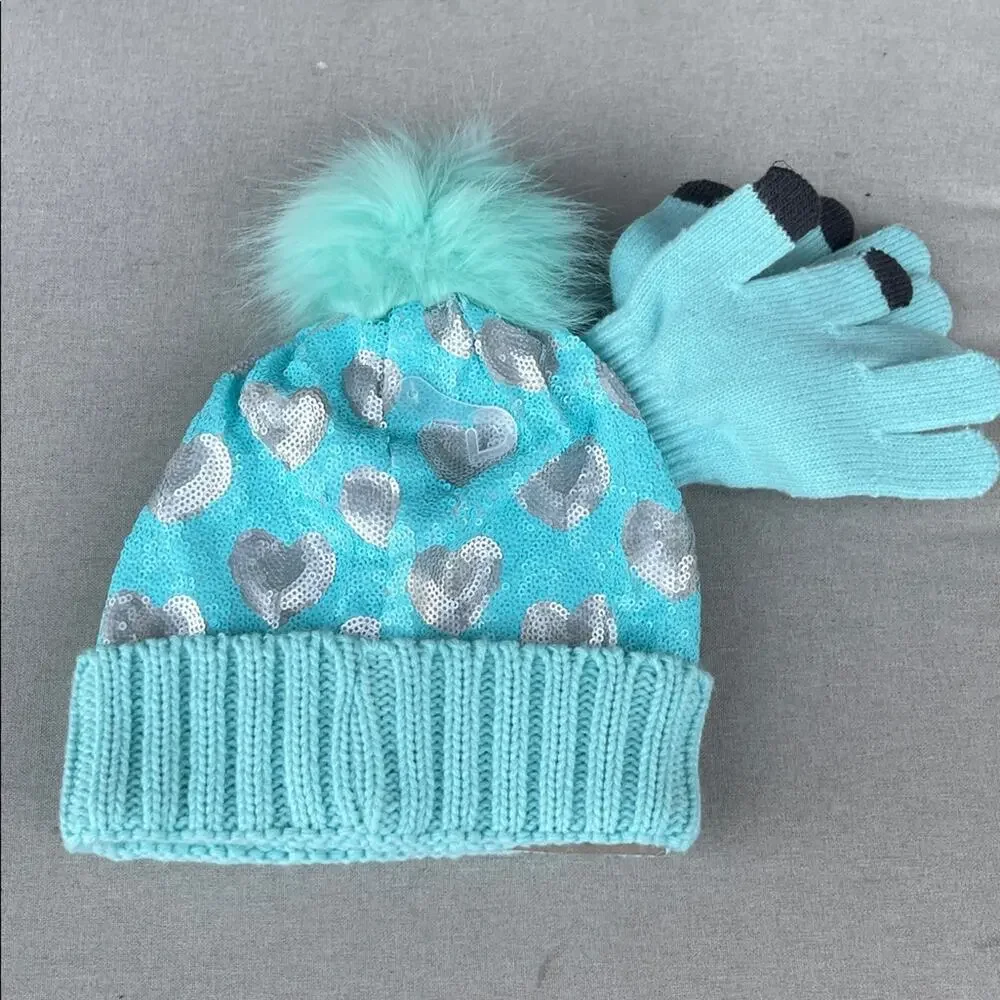 Justice Aqua Beanie Hat and Gloves Set with Silver Hearts NEW